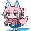 A chibbi fox with light orange hair with a large tail, wearing a green sweater and crimson skirt, and white fluffy ears, shaking back and forth very fast. But with the trans flag overlayed for colors.